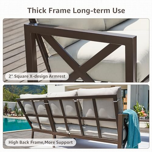 NATURAL EXPRESSIONS 6 Pieces Patio Furniture Sets, Metal Outdoor Sectional Furniture L Shape Patio Conversation Sets,Highback Frame,Metal Table,Large Waterproof Cover, 6.5" Olefin Cushions