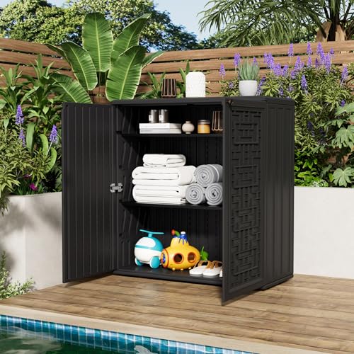 Mrosaa Outdoor Storage Cabinet Waterproof with Shelf,Resin Storage Sheds Outdoor Cabinets for tub Towels/Chemicals/Grill Items/Patio/Garden/Backyard, Size 34.3''L*15''W*36.2''H(Black)