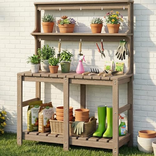 Polyhouz Outdoor Potting Bench with 3 Tier, All-Weather Patio Potting Table with Tool Hooks