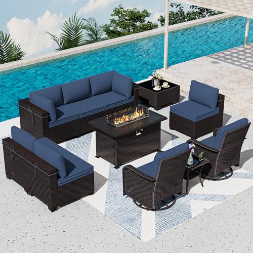ASJMR 11 Pieces Patio Furniture Set with 2 Swivel Chairs Patio Furniture Outdoor Sectional Sofas with 55000 Gas Fire Pit Pati