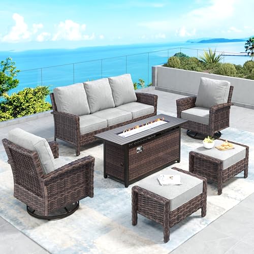 Patio Furniture Set with Swivel Chairs, High Back Wicker Rattan Set with 5.5" Thick Cushions, Fire Pit Table and Ottomans