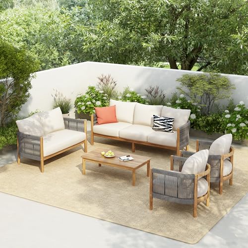 Christopher Knight Home Havets 5 Pieces Outdoor Acacia Furniture Set, Woven Rope Loveseat and Accent Club Chairs