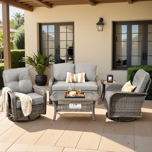 Weaxty Wicker Patio Furniture Set with Swivel Rocker Chairs Outdoor Loveseat Sofa and Rattan Coffee Table