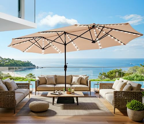 SUPERJARE 13ft Outdoor Patio Umbrella with Solar Lights, Double-sided Deck Pool Umbrella with 1.5 Inch Pole