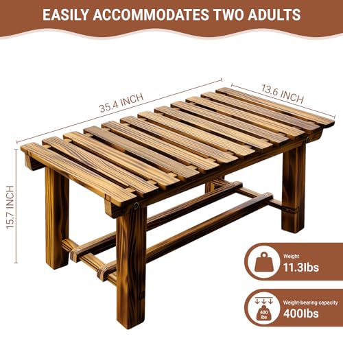 HAOIOKSC 35.5" Outdoor Garden Bench, Weatherproof 2-Person Backless Wooden Bench with Mortise-Tenon Structure – for Garden, Lawn, Porch, Backyard (Brown