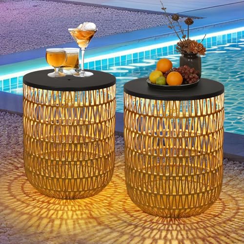 HMVPL Solar Outdoor Side Table Set of 2 with Dimmable Light, Round Patio Side Table for Outside, Outdoor End Accent Tables