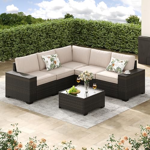 Jing's Villa 6-Piece Patio Furniture Set, All-Weather Outdoor Wicker Sectional Sofa with Cushions