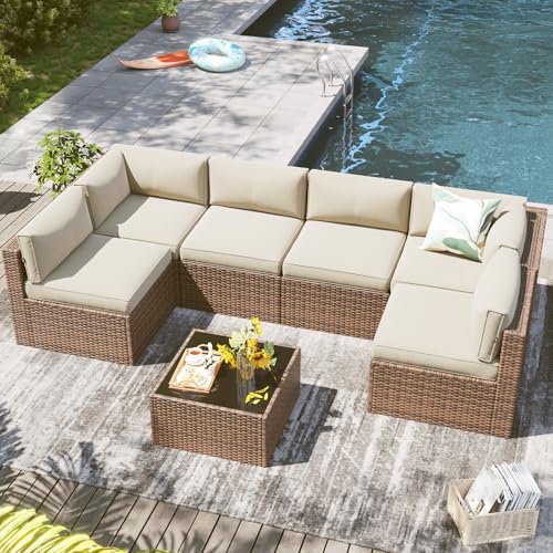 LazySunsets 7 Piece Outdoor Patio Furniture Set with Coffee Table, Outdoor Patio Furniture Sets with Thicken Cushion