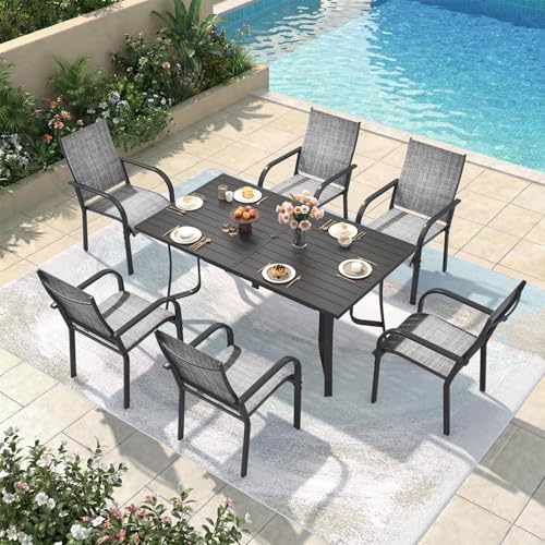 DSNAPE 7 Pieces Patio Table and Chairs Set, 63" Metal Dining Table with Umbrella Hole & 6 Textilene Fixed Chairs