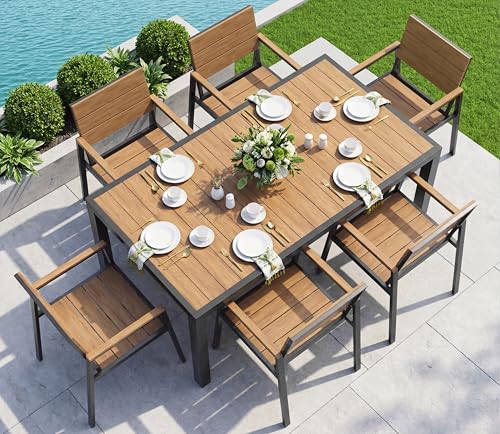 Vexwalx 7-Piece Outdoor Dining Set, Aluminum Dining Table Set for 6, Patio Table and Chairs Set with Umbrella Hole
