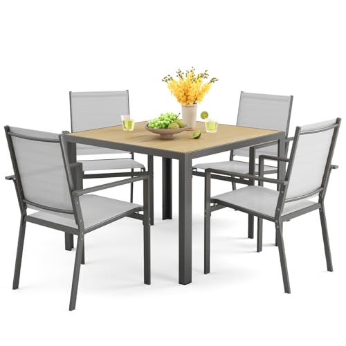 Ahomly Patio Table and Chairs Set for 4, All-Weather Outdoor Dining Set with Umbrella Hole