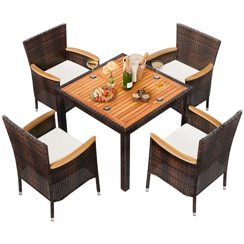Shintenchi 5 PCS Patio Dining Set, Wicker Outdoor Table and Chairs with Soft Cushions