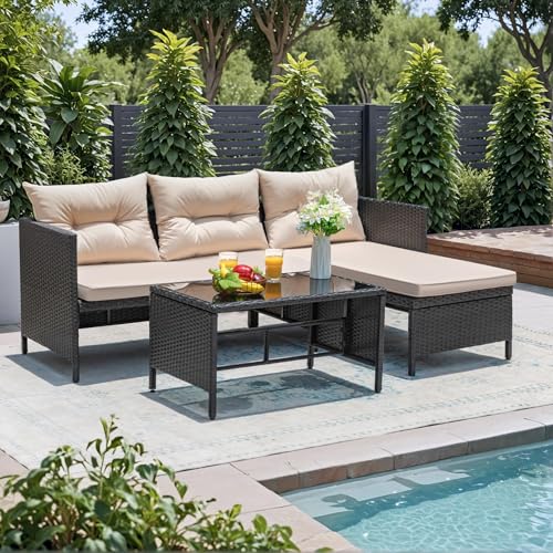 Greesum 3 Piece Patio Furniture Set Outdoor Wicker Rattan Sectional Sofa with Cushions & Coffee Table for Yard, Garden, Porch