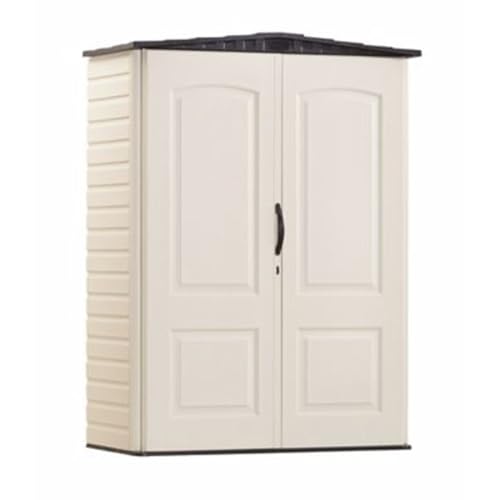 Rubbermaid Small Vertical Resin Outdoor Storage Shed With Floor (2.3 x 4.6 Ft), Weather Resistant, Beige/Brown