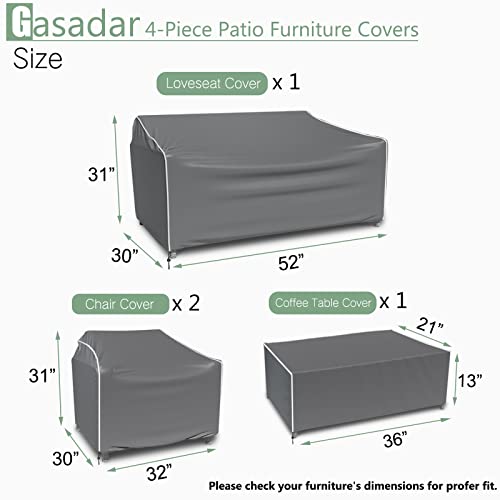 Gasadar Patio Furniture Cover 4-Piece Set, Heavy Dut 600D Outdoor Furniture Cover Waterproof for Lawn Patio Chairs, Loveseat and Coffe table, Grey