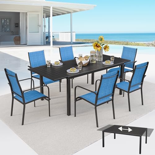 BUPPLEE 7-Piece Patio Dining Set with Expandable Rectangular Table (38"-84"), 6 Textilene Chairs