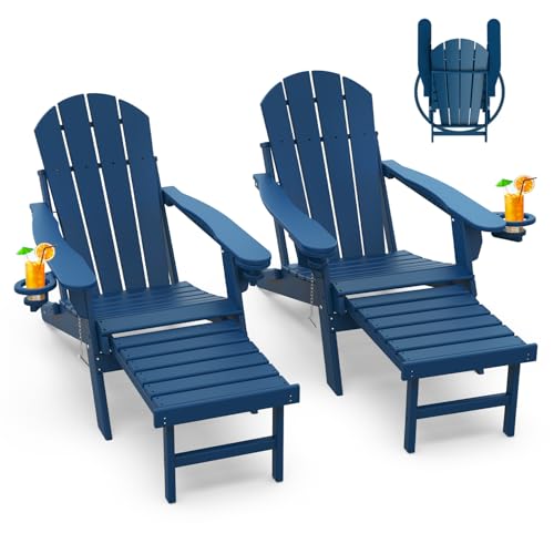 GREENVINES Adirondack-Chairs-with-Ottoman | Set of 2 | Folding | Retractable-Footrest | HDPE Plastic | All Weather Fire Pit C