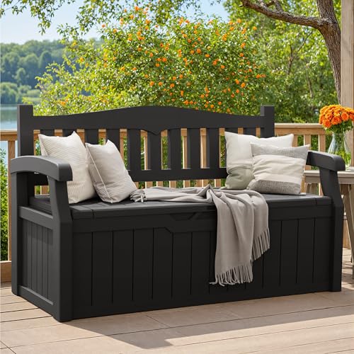 Greesum 80 Gallon Deck Box Storage Bench, Patio Furniture, Lockable, Waterproof and UV Resistant, with Armrest