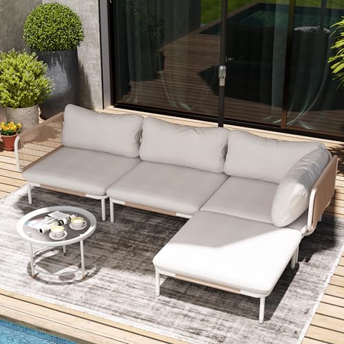 VredHom 4 Piece Modern Outdoor Sectional Sofa, 31" Oversized Patio Furniture Set with Olefin Woven Rope