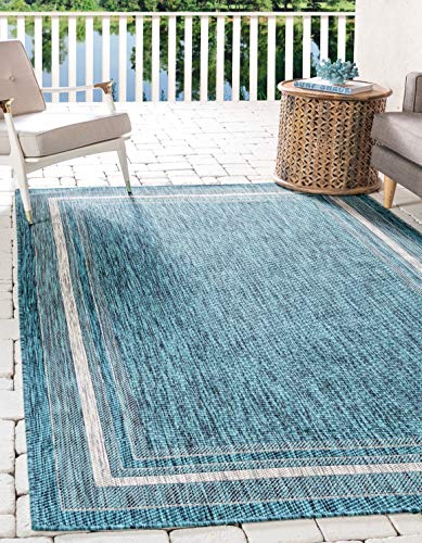 Unique Loom Outdoor Border Collection Area Rug - Soft Border (8'x 11' 4" Rectangle, Teal/ Ivory)