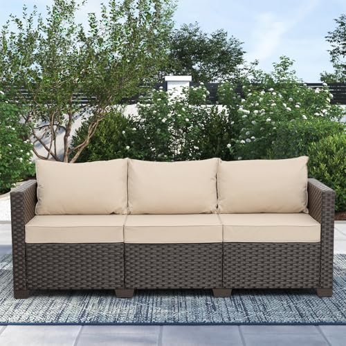 Rattan Star Outdoor Furniture Couch 3 Seater Sofa Outdoor Brown Wicker Sofa Deep Seat High Backrest Patio Couch with Non-Slip