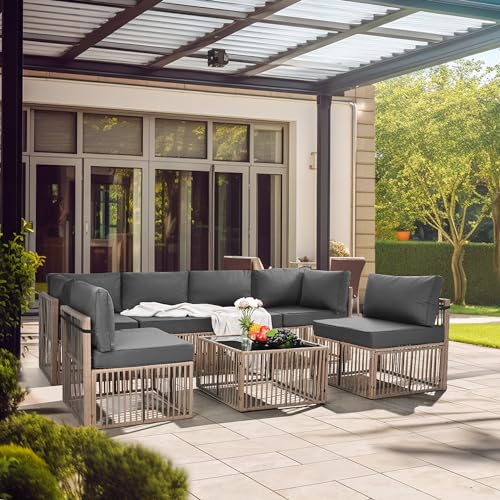 Pamapic 7 Pieces Outdoor Sectional Set, All-Weather PE Rattan Patio Conversation Set