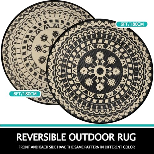 Capslpad 6Ft Round Outdoor Rug for Patio Reversible Mat Waterproof Plastic Straw Rug Boho Circle Indoor Outside Area Rug for RV Camping Picnic Pool Tent Balcony Beach Deck Doormats Decor, Beige