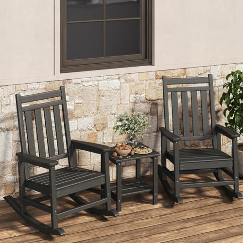 Garvee HDPE Rocking Chair Outdoor Set of 2 with Side Table - Poly High Back Porch Rocker Chairs for Adults - All Weather Resi