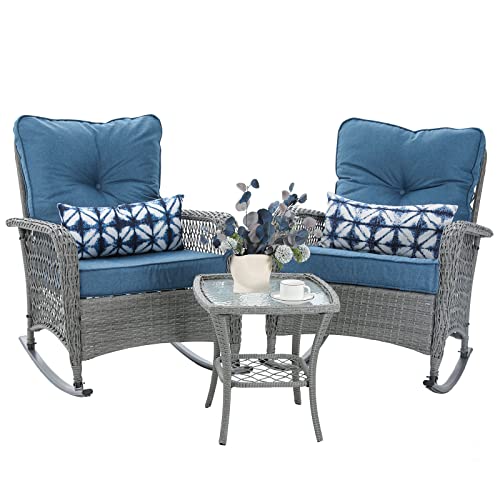 VONZOY Patio Furniture Set 3 Pieces, Wicker Rocking Bistro Set with Thick Cushions