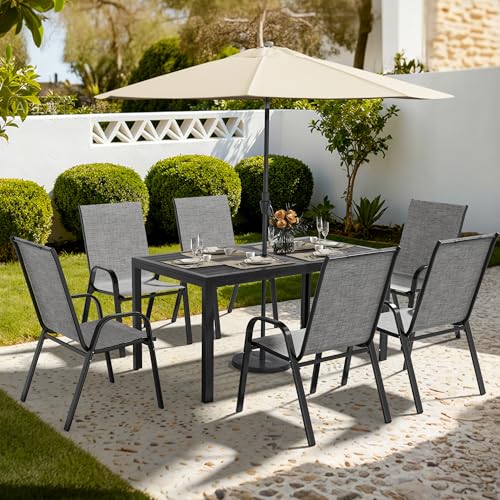 Pamapic Outdoor Dining Sets for 6, Rectangular Steel Slat Table with 6 Textilene Chairs