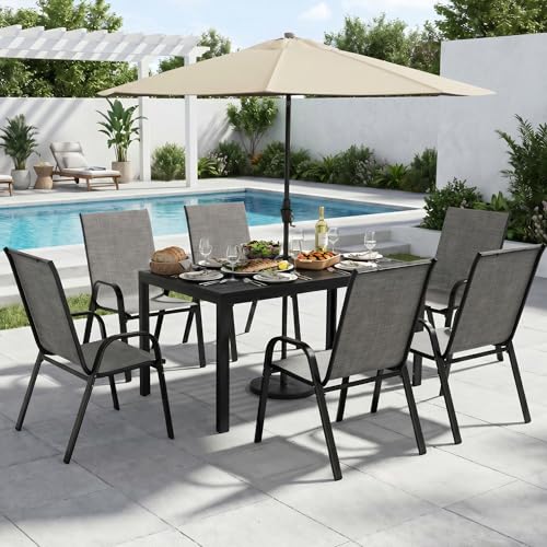 PATIOPIA 7-Piece Outdoor Dining Set, All Weather Patio Table and Chairs Set with Umbrella Hole for 6