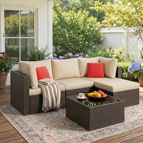 Vongrasig 5 Piece Patio Furniture Sets, Outdoor Patio Set Sectional Sofa, All-Weather PE Rattan Outdoor Couch with Ottoman