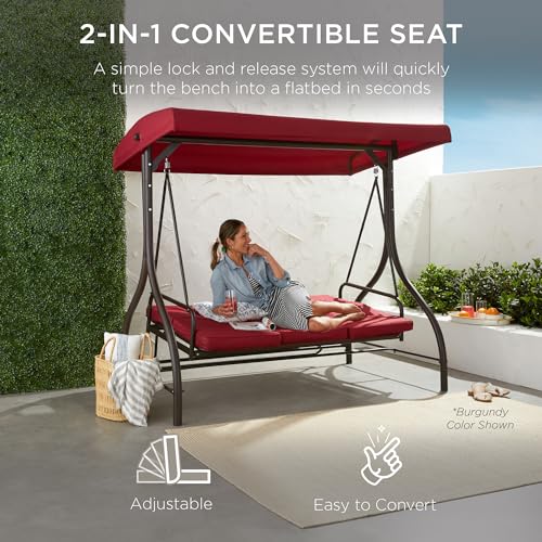Best Choice Products 3-Seat Outdoor Large Converting Canopy Swing Glider, Patio Hammock Lounge Chair for Porch, Backyard w/Flatbed, Adjustable Shade, Removable Cushions - Peacock
