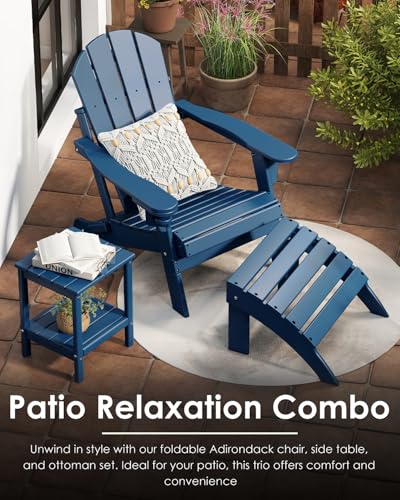 GREENVINES Folding-Adirondack-Chairs-Set-of-2 | HDPE Plastic | Fire Pit Chair | All Weather | Cup Holder | Blue | for Deck Backyard Patio Outdoor Garden