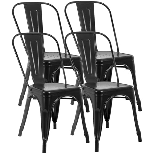 FDW | Metal Dining Chairs | Set of 4 | Black | Stackable Tolix Side Chairs with Backrest | Scratch-Resistant | Non-Slip Feet