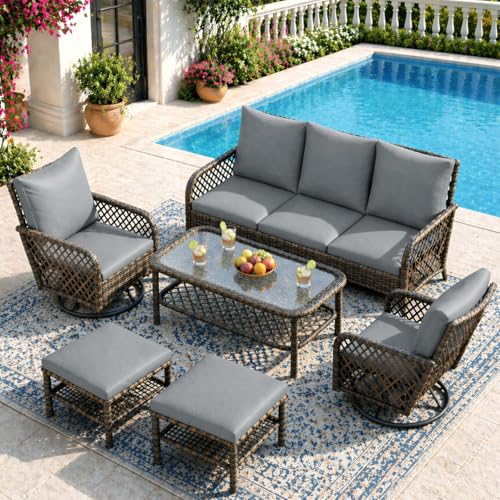 AECOJOY Patio Furniture Set Outdoor Sectional Sofa Couch and High Back Swivel Rocker Patio Chairs 6PCS Brown Wicker Conversat