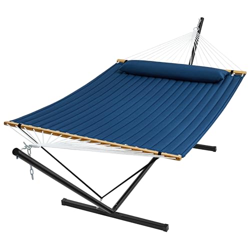SUPERJARE Hammock with Stand, 2 Person Quilted Outdoor Hammock, Detachable Pillow & Bamboo Spreaders