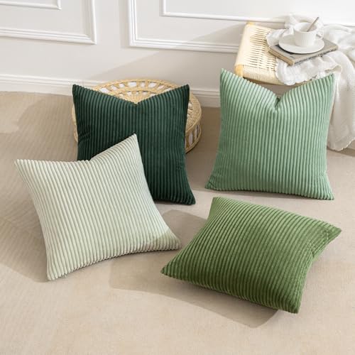 MIULEE Boho Farmhouse Sage Green Throw Pillow Covers 18x18 Inch Set of 4 Mordern Nordic Cushion Covers Soft Corduroy Spring Home Decor for Couch Bed Sofa Living Room Forest Green