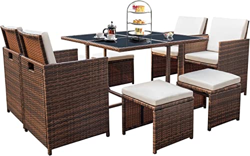 Devoko 9 Pieces Patio Dining Sets Outdoor Space Saving Rattan Chairs with Glass Table Patio Furniture Sets Cushioned Seating