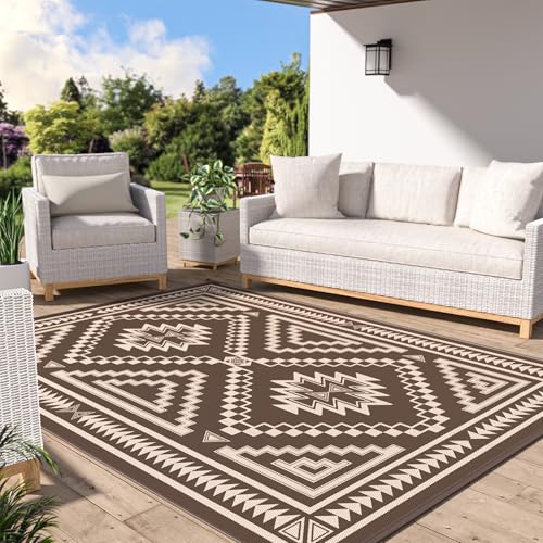 GENIMO Outdoor Rug for Patio Clearance - 9x12 ft Waterproof Plastic Camping Rugs, Reversible Outside Rv Mat Carpet for Porch