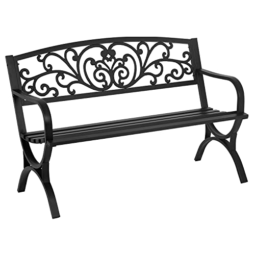 Patio Garden Bench 50 inch Outdoor Metal Loveseat Chairs with Armrests Slatted Seat and w/Floral Design Backrest for Park