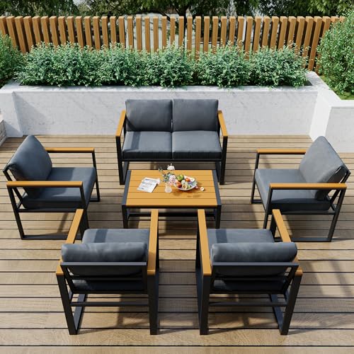 Pamapic 6 Pieces Outdoor Patio Furniture Set, Modern Metal Balcony Furniture with Plastic-Wood Coffee Table, All-Weather Patio Conversation Set with Thick Cushion for Balcony, Porch, Gray