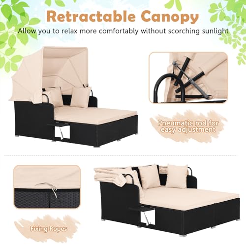 Tangkula Patio Rattan Daybed with Retractable Canopy, Outdoor Wicker Sunbed Lounger with 2 Foldable Side Tables, Thick Seat & Back Cushions, Outside Double Daybed for Garden, Backyard, Porch