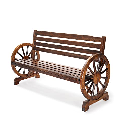 VINGLI Rustic Wooden Wheel Bench Outdoor Bench, Patio Bench Wagon Slatted Seat