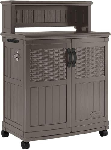Suncast Patio Plastic Storage and Prep Station with Decorative Wicker Pattern and Multi Wall Panels for Patio, Garden
