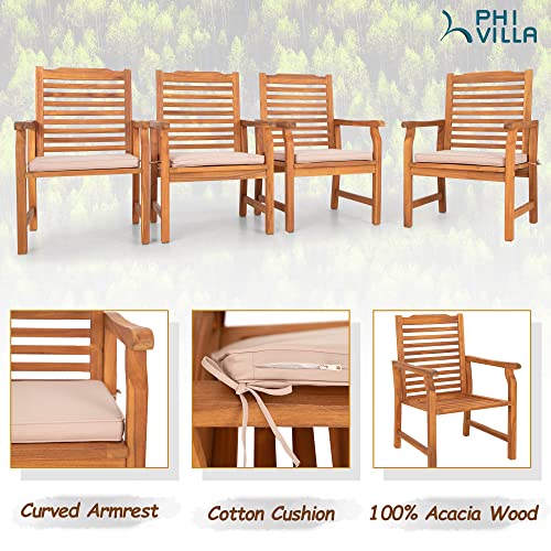 PHI VILLA 9 Pieces Acacia Wood Patio Dining Set for 8, Expandable Teak Dining Table & Wooden Chairs with Cushions, Farmhouse Dining Furniture Set for Outdoor Deck, Yard, Porch