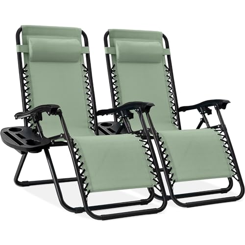 Best Choice Products Set of 2 Adjustable Steel Mesh Zero Gravity Lounge Chair Recliners w/Pillows and Cup Holder Trays - Sage
