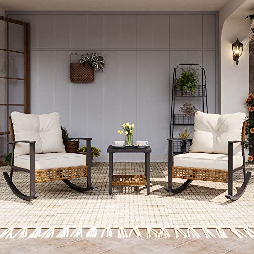 LAUSAINT HOME 3-Piece Rocking Bistro Set, Outdoor Patio Furniture with Thick Cushions and 2-Tier Coffee Table