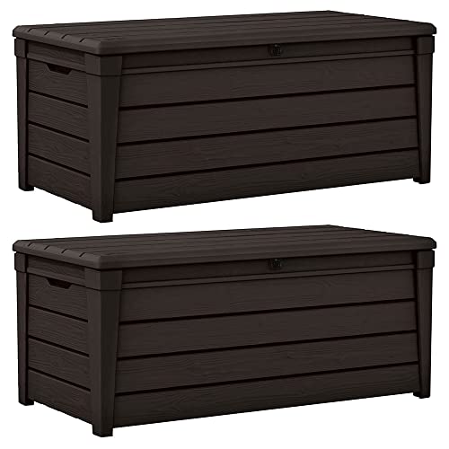 Keter 2 Pack Storage Bench, Weatherproof Resin Outdoor Backyard 120 Gallon Deck Box, Brightwood, Brown