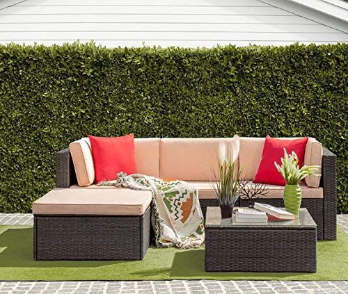 Furniwell 5 Pieces Outdoor Sectional Furniture Set Patio Wicker Rattan Sofa Set Backyard Couch Conversation Sets with Pillow